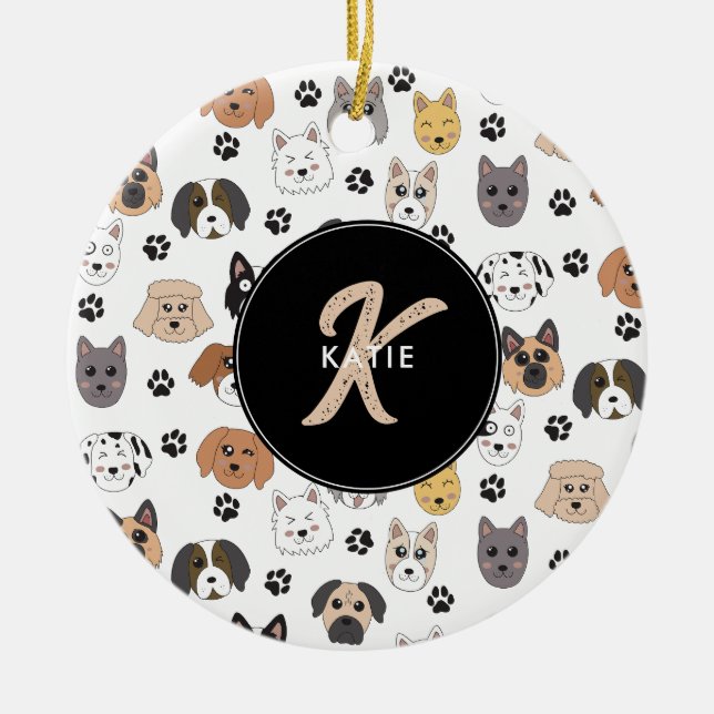 Farbige Niedliche Hunde und Dog Paw Monogramm Keramik Ornament (Vorne)