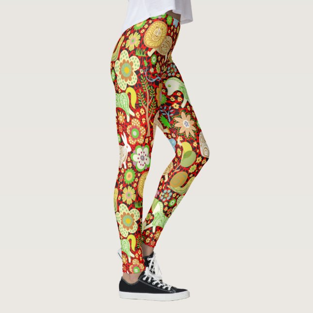 Farbige Niedliche Retro-Blume und Tiermuster Leggings (Rechts)