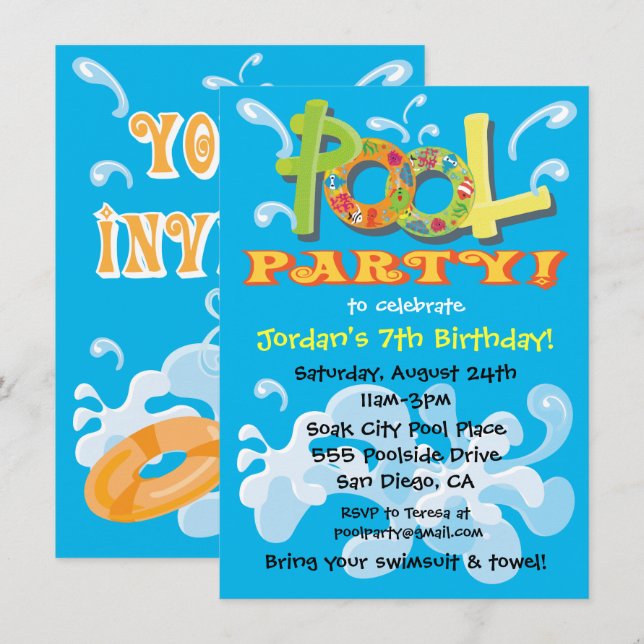 Farbige Party Einladungen am Pool (Vorne/Hinten)