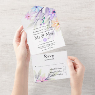 Farbige Pastell-Wasserfarben-Blumenhochzeit All In One Einladung