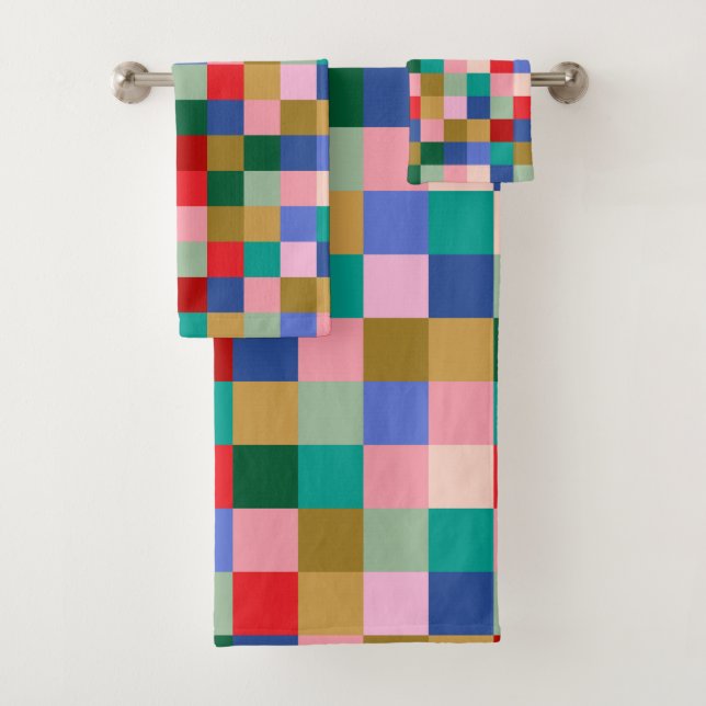 Farbige Patchwork-Schachbrett-Moderne Geometrie Badhandtuch Set (Insitu)