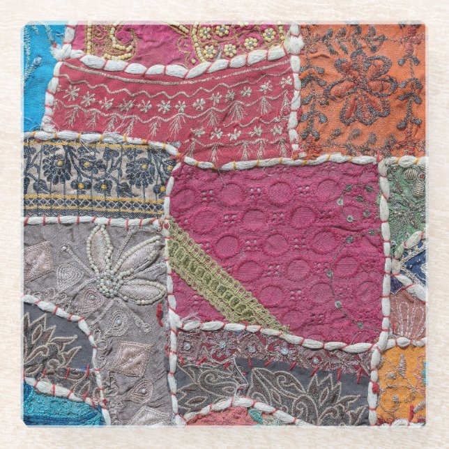 Farbige Patchwork-Teppiche Details Glasuntersetzer (Vorderseite)