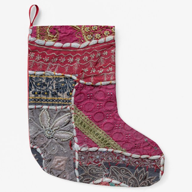 Farbige Patchwork-Teppiche Details Kleiner Weihnachtsstrumpf (Vorderseite)