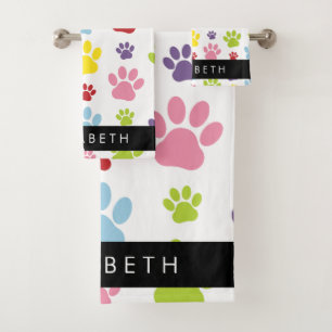 Farbige Paws, Muster, Hundepaws, Ihr Name Badhandtuch Set