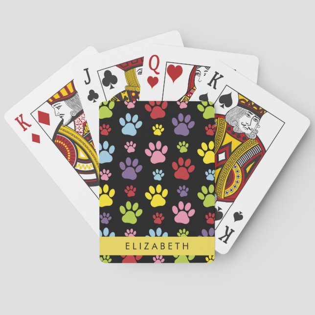 Farbige Paws, Muster, Hundepaws, Ihr Name Spielkarten (Rückseite)