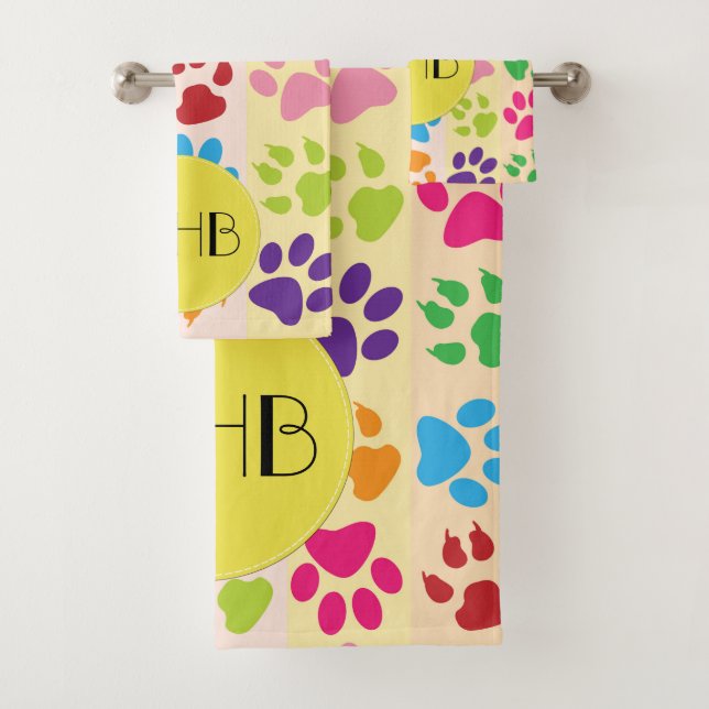Farbige Paws, Muster, Hundepaws, Monogramm Badhandtuch Set (Insitu)