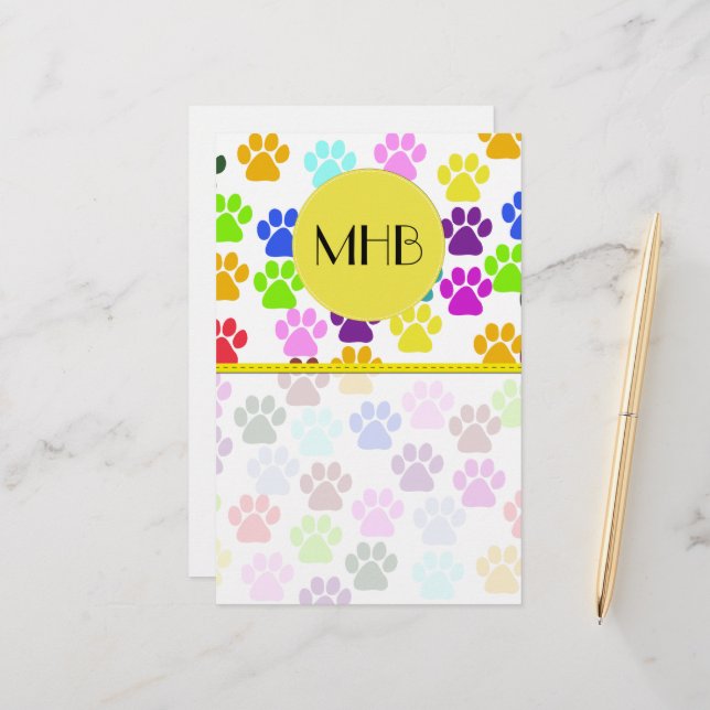 Farbige Paws, Muster, Hundepaws, Monogramm Briefpapier (Vorderseite/Rückseite Beispiel)