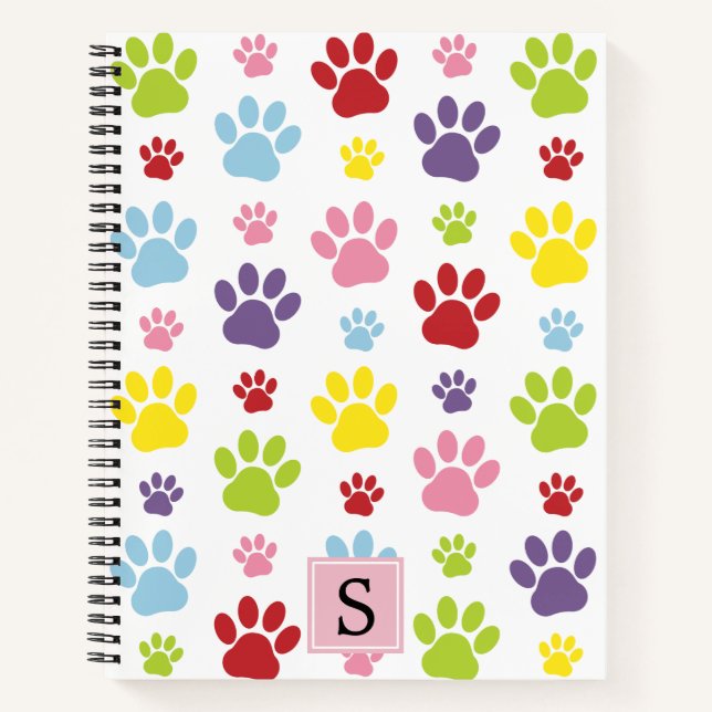 Farbige Paws, Muster, Hundepaws, Monogramm Notizbuch (Vorderseite)