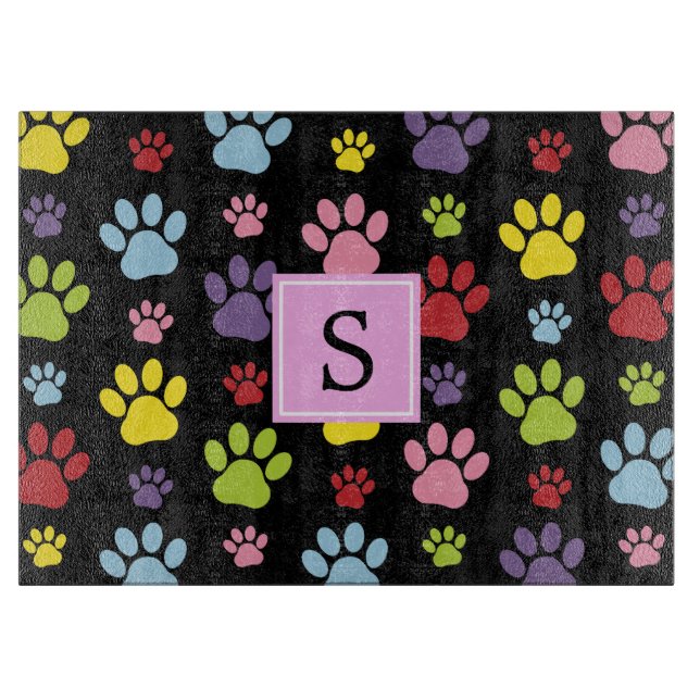 Farbige Paws, Muster, Hundepaws, Monogramm Schneidebrett (Vorderseite)