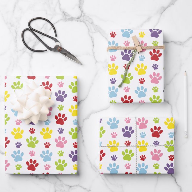 Farbige Paws, Muster, Hundeschlitten, Paw Prints Geschenkpapier Set (Vorderseite)