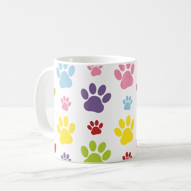 Farbige Paws, Muster, Hundeschlitten, Paw Prints Kaffeetasse (Vorderseite Links)