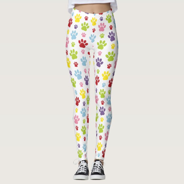 Farbige Paws, Muster, Hundeschlitten, Paw Prints Leggings (Vorderseite)