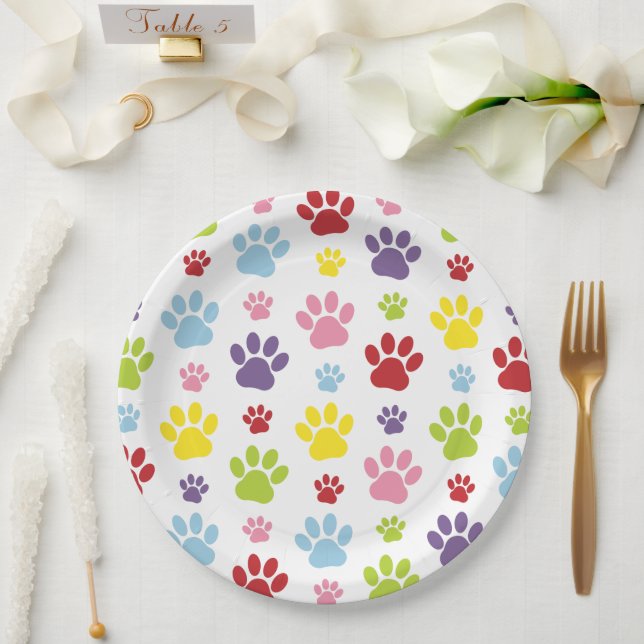 Farbige Paws, Muster, Hundeschlitten, Paw Prints Pappteller (Hochzeit)