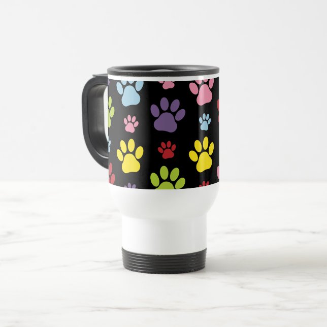 Farbige Paws, Muster, Paw Prints, Hundeschrauben Reisebecher (Vorderseite Links)
