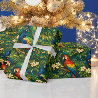 Farbige Pfauen und Papageien in tropischem Gold Geschenkpapier