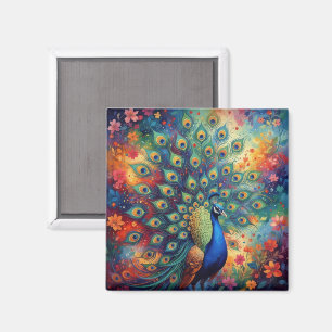 Farbige Pfauenfedern und Blumen Magnet