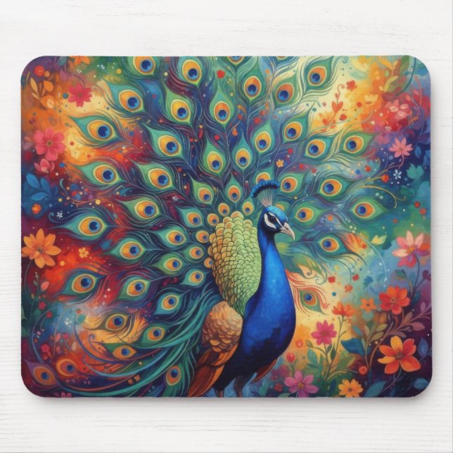 Farbige Pfauenfedern und Blumen Mousepad (Vorne)
