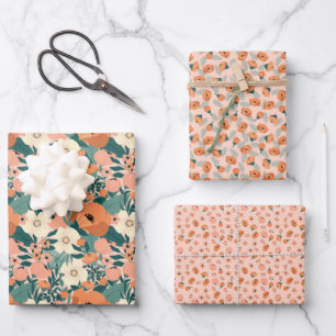 Farbige Pfirsich-Blumen Geschenkpapier Set