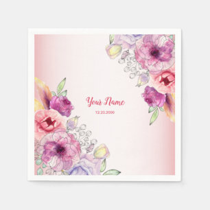 Farbige Pfirsich-Blumen-Goldene-Aquarell-Hochzeit Serviette