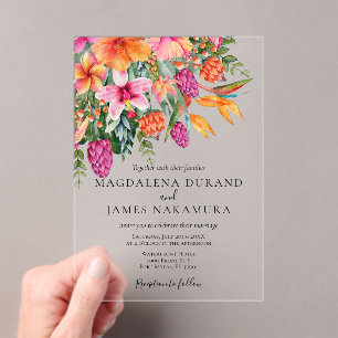 Farbige Pink Orange Tropische Blumen Foto Hochzeit Acryleinladungen
