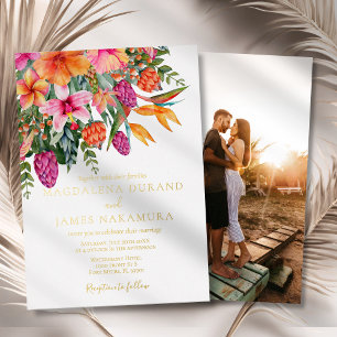 Farbige Pink Orange Tropische Blumen Foto Hochzeit Folieneinladung