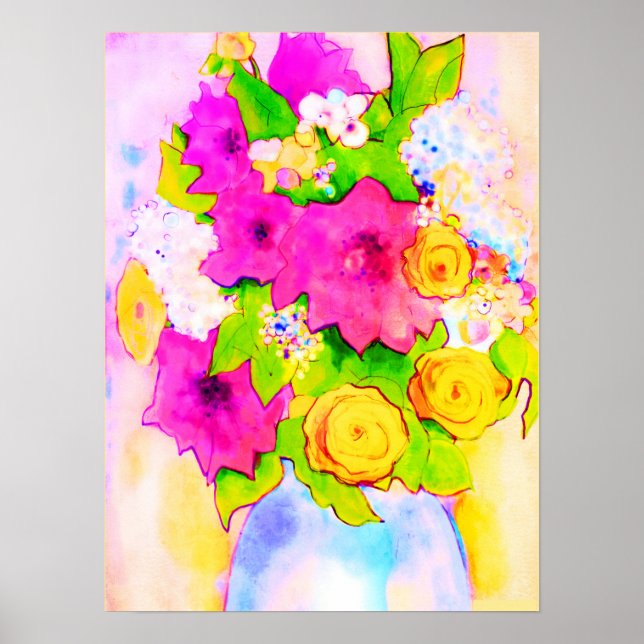 Farbige Pinks Yellows Grüntöne Blume Vase Poster (Vorne)