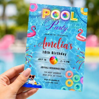 Farbige Poolparty-Geburtstagsfeier-Einladung Einladung