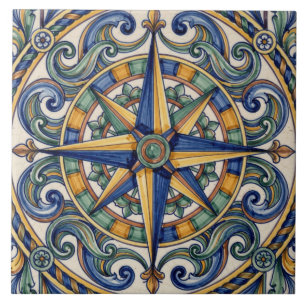 Farbige portugiesische Azulejo-Kompassrosen-Medail Fliese