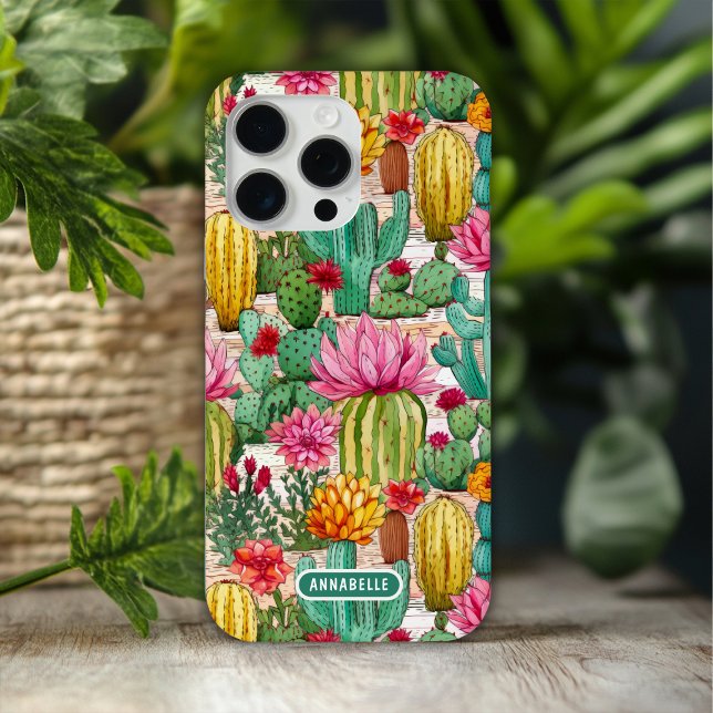 Farbige Preppy Cactus Floral Personalisiert Name Case-Mate iPhone Hülle (Von Creator hochgeladen)