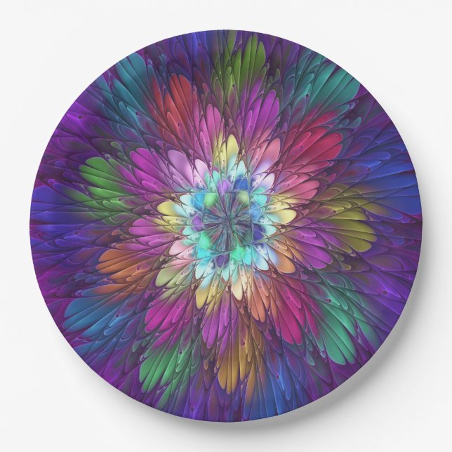 Farbige psychedelische Blumen-Abstract-Fraktal-Kun Pappteller (Vorderseite)