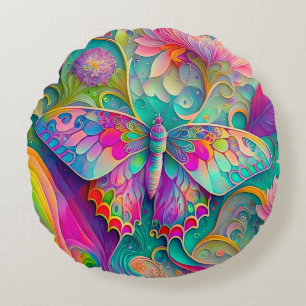 Farbige psychedelische Butterfly und Blumen Rundes Kissen