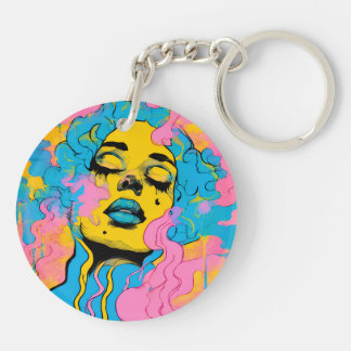 Farbige psychedelische Frauenporträt-Pop-Art-Press Schlüsselanhänger