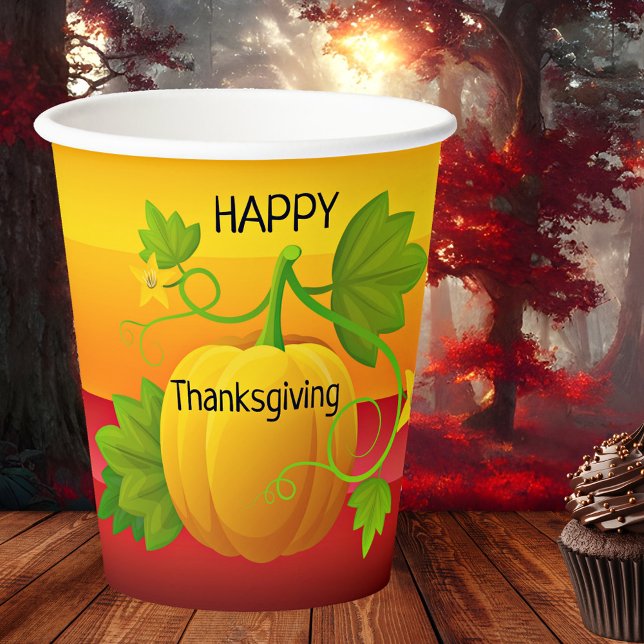 Farbige Pumpkin-Erntedank-Papieraufnahmen Pappbecher (Colorful Thanksgiving paper cups featuring a pumpkin with green leaves on festive stripes)