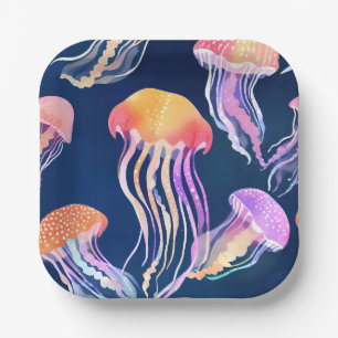 Farbige Quallen   Ozean Tier Aquarell Pappteller