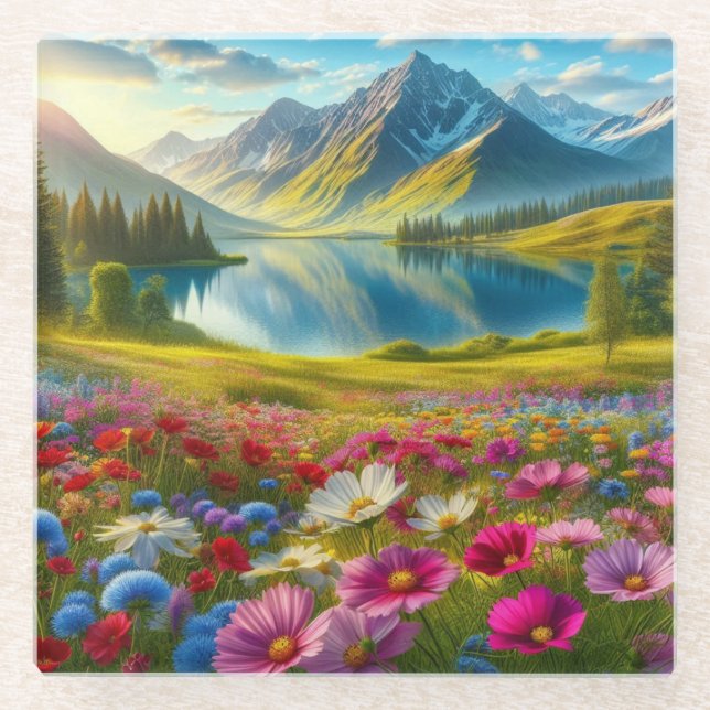 Farbige Quelle/blühender Bergsee Glasuntersetzer (Vorderseite)