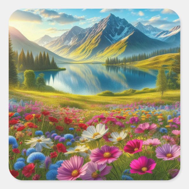 Farbige Quelle/blühender Bergsee Quadratischer Aufkleber (Vorderseite)