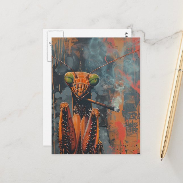 Farbige rauchende Gottesanbeterin Surreal Postkarte (Vorderseite/Rückseite Beispiel)