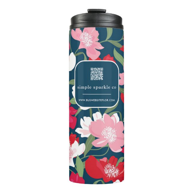 Farbige Red Floral Business QR Code Blau Thermosbecher (Vorderseite)