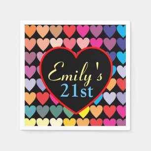 Farbige Regenbogen-Herzen personalisiert 21. Serviette