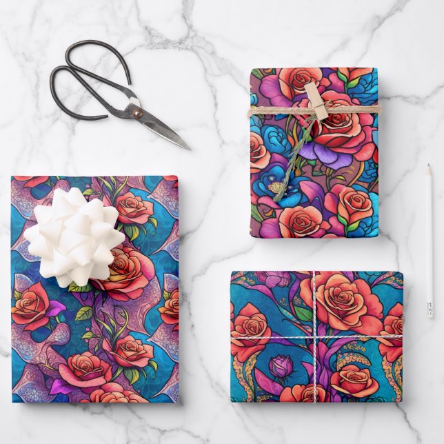Farbige Regenbogen-Rose Flora Wrapping Paper Geschenkpapier Set (Vorderseite)