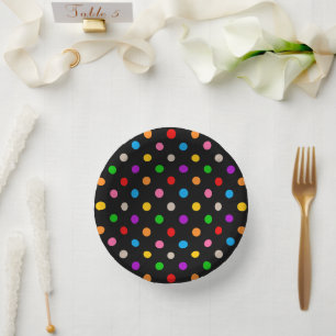 Farbige Regenbogen-Tupfen-Design in Schwarz  Pappteller
