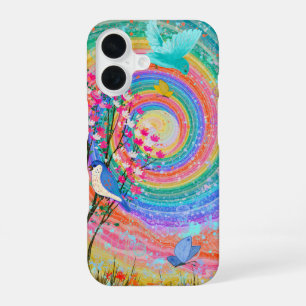 Farbige Regenbogen-Wildblumen-Vögel-Schmetterlinge iPhone 16 Hülle