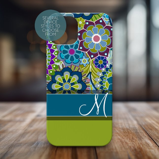 Farbige Retro-Blume mit Monogramm Case-Mate iPhone Hülle (Personalized Phone Case with Huge Monogram)