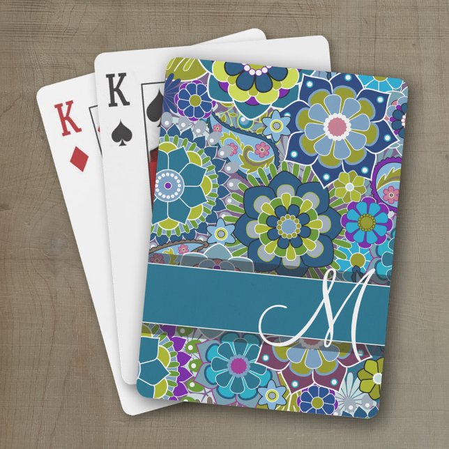 Farbige Retro-Blume mit Monogramm Spielkarten (Personalized playing cards with a funky floral pattern and a place for a name)