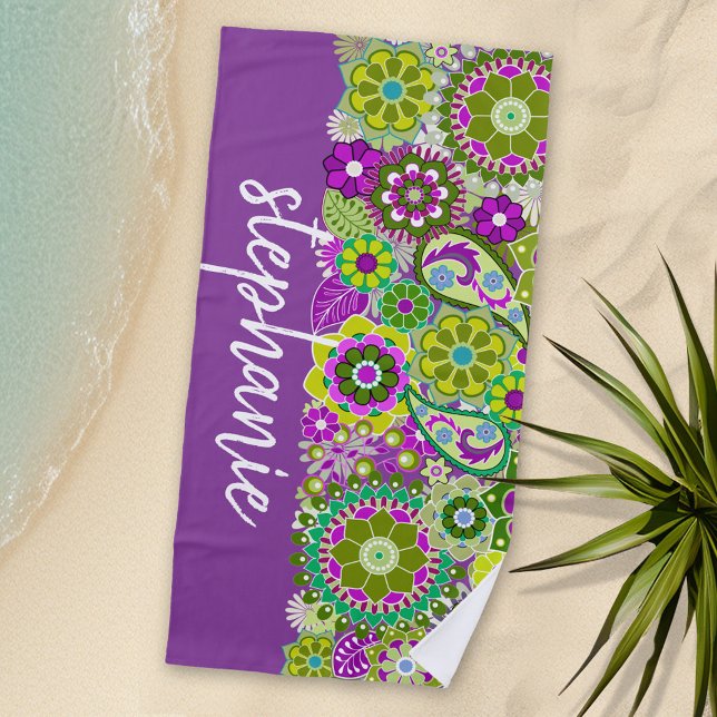 Farbige Retro-Blume mit Monogramm Strandtuch (Personalized Beach Towel)