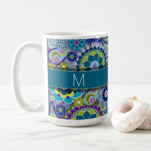 Farbige Retro-Blume mit Monogramm Tasse