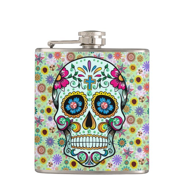 Farbige Retro-Blume Skull Flachmann (Vorderseite)