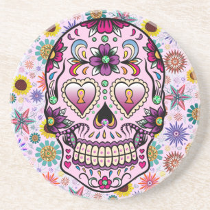 Farbige Retro-Blume Skull Getränkeuntersetzer