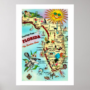 Farbige Retro-Karte von Florida 20x28 Druck Poster