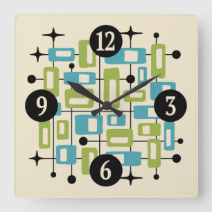Farbige Retro-Mitte des Jahrhunderts Moderne Atoma Quadratische Wanduhr